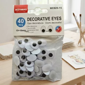 Ovális alakú öntapadós mozgó szemek fekete-fehér színben, 15x10 mm méretben