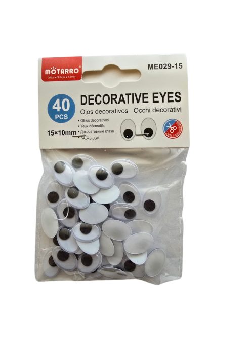Ovális alakú öntapadós mozgó szemek fekete-fehér színben, 15x10 mm méretben