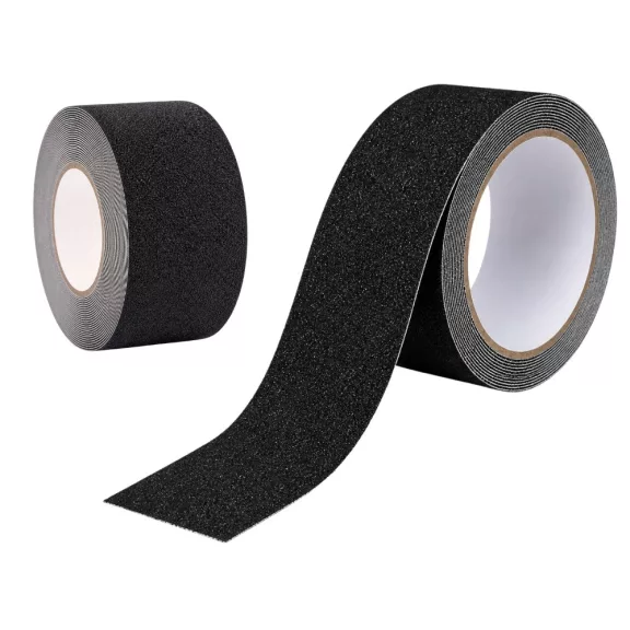 50 mm széles és 5 méter hosszú fekete színű öntapadós csúszásgátló szalag érdes szemcsés felülettel tekercsben lépcsőkre és rámpákra