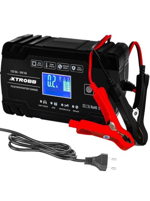 trobb 22463 automata akkumulátortöltő, 12V és 24V-os ólomakkumulátorokhoz, LCD kijelzővel, javítási funkcióval, fekete színben