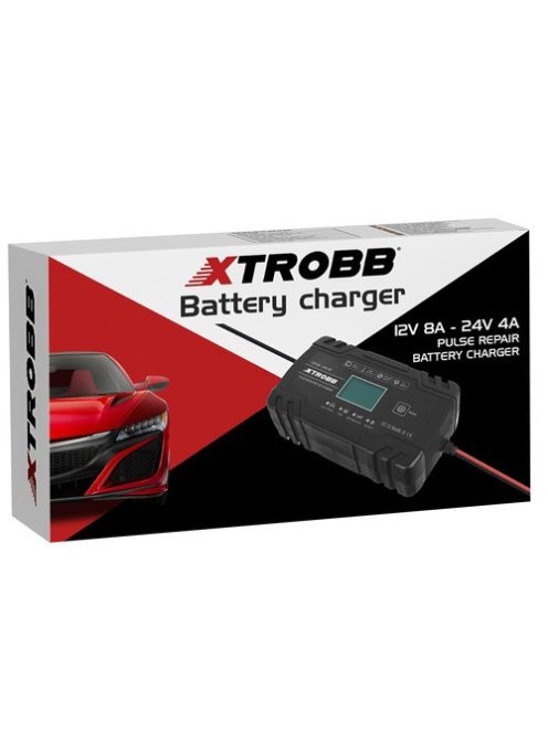 trobb 22463 automata akkumulátortöltő, 12V és 24V-os ólomakkumulátorokhoz, LCD kijelzővel, javítási funkcióval, fekete színben