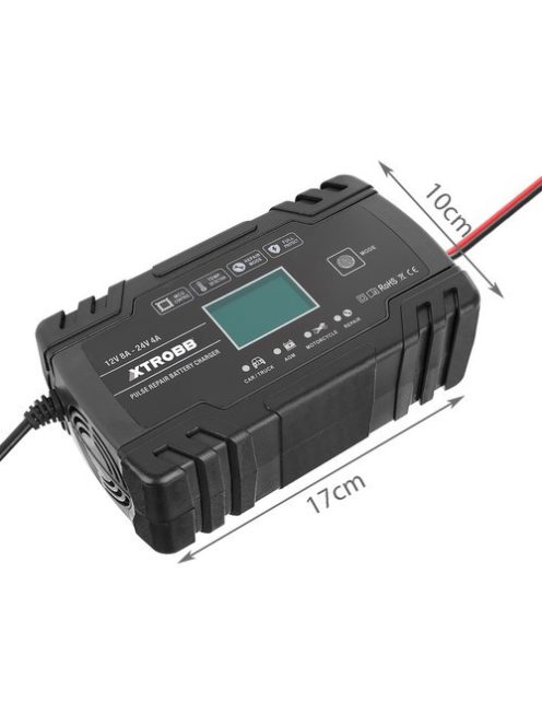 trobb 22463 automata akkumulátortöltő, 12V és 24V-os ólomakkumulátorokhoz, LCD kijelzővel, javítási funkcióval, fekete színben