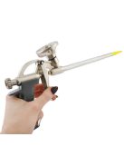 Professzionális fém purhab pisztoly montázshab felviteléhez, ergonomikus kialakítással és adagolás szabályzóval