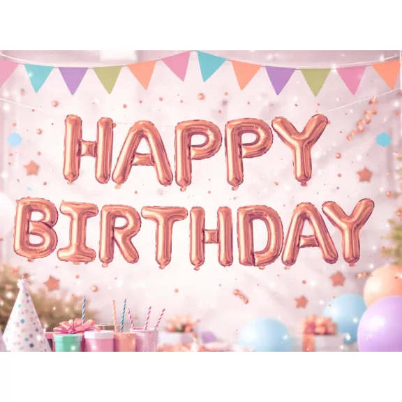 Happy Birthday rózsaszín fólia lufi girland születésnapi dekoráció