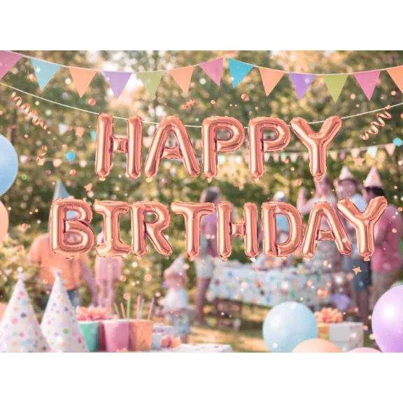 Happy Birthday rózsaszín fólia lufi girland születésnapi dekoráció