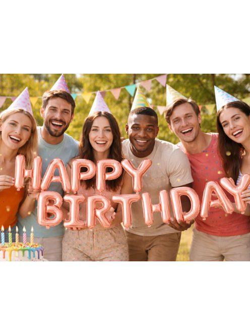 Happy Birthday rózsaszín fólia lufi girland születésnapi dekoráció