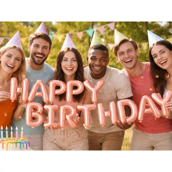 Happy Birthday rózsaszín fólia lufi girland születésnapi dekoráció