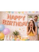 Happy Birthday rózsaszín fólia lufi girland születésnapi dekoráció