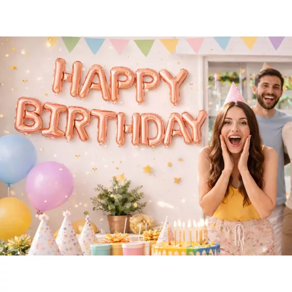 Happy Birthday rózsaszín fólia lufi girland születésnapi dekoráció