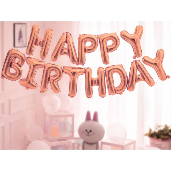 Happy Birthday rózsaszín fólia lufi girland születésnapi dekoráció