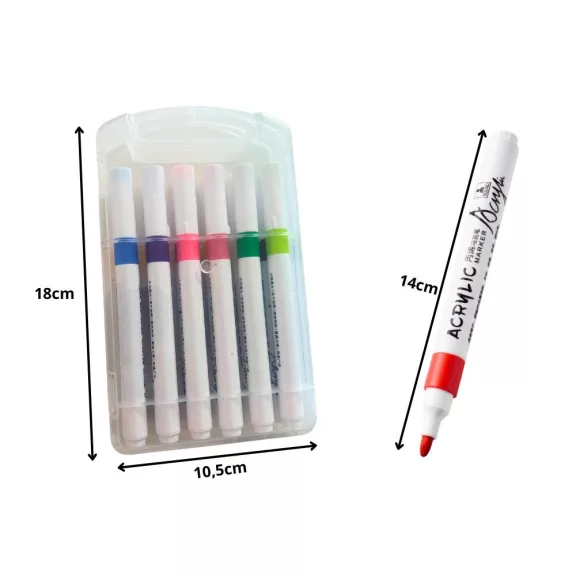 Akril marker készlet 12 színes darab, alkalmas üvegre, műanyagra, fémre és fára, tokkal együtt