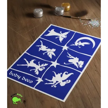 Tündér mintás A5 csillámtetoválás sablon szett öntapadós, háromrétegű sablonnal.