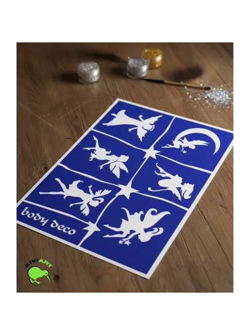 Tündér mintás A5 csillámtetoválás sablon szett öntapadós, háromrétegű sablonnal.