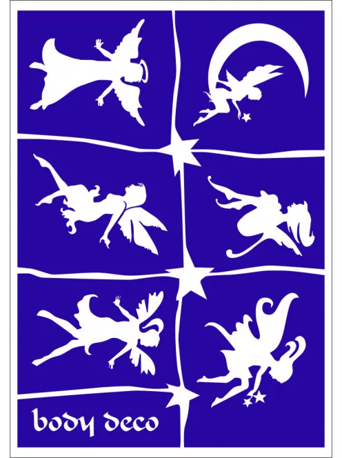 Tündér mintás A5 csillámtetoválás sablon szett öntapadós, háromrétegű sablonnal.