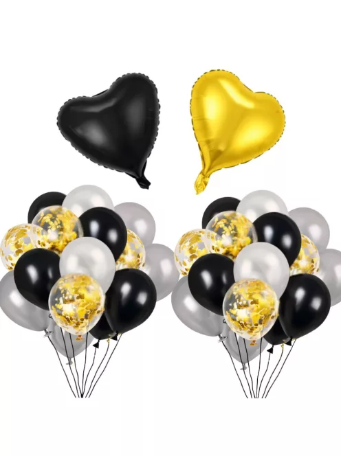Fekete arany konfettis lufi szett szív alakú léggömbökkel születésnapi dekorációhoz