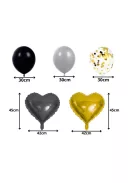 Fekete arany konfettis lufi szett szív alakú léggömbökkel születésnapi dekorációhoz