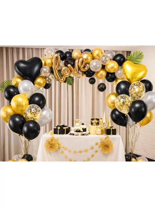 Fekete arany konfettis lufi szett szív alakú léggömbökkel születésnapi dekorációhoz