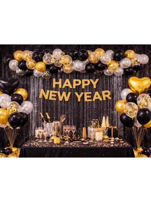 Fekete arany konfettis lufi szett szív alakú léggömbökkel születésnapi dekorációhoz