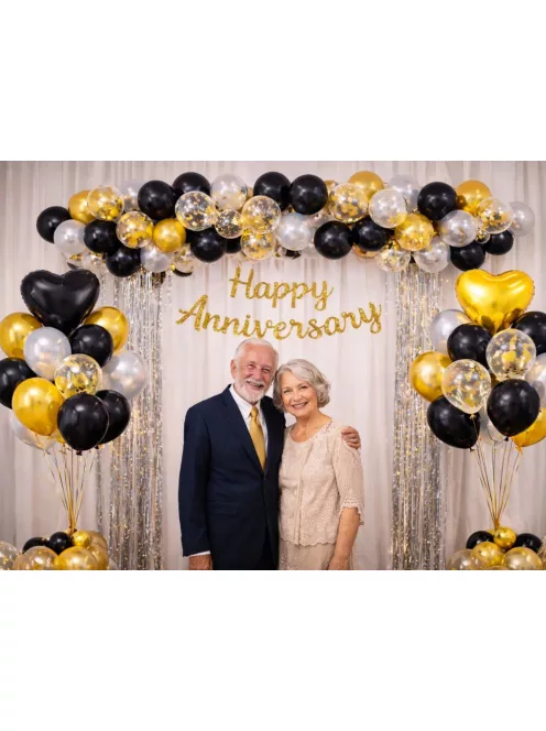 Fekete arany konfettis lufi szett szív alakú léggömbökkel születésnapi dekorációhoz