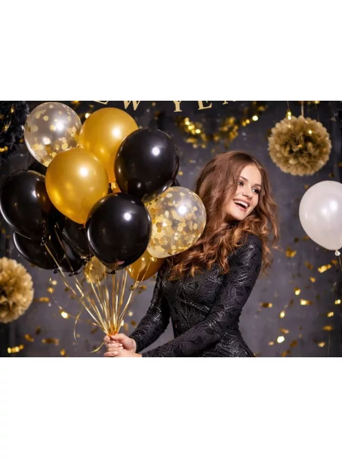 Fekete arany konfettis lufi szett szív alakú léggömbökkel születésnapi dekorációhoz