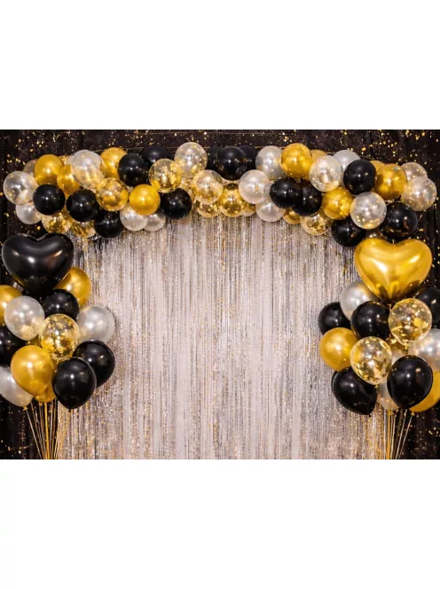 Fekete arany konfettis lufi szett szív alakú léggömbökkel születésnapi dekorációhoz