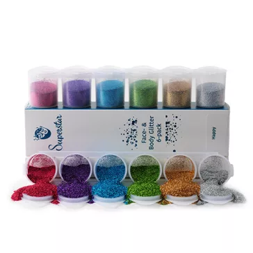 Superstar Happy Finom Csillám Mix 6 különböző színben (ezüst, arany, zöld, kék, lila, pink), 90 ml-es csomagban, bőrre és hajra, vidám sminkekhez