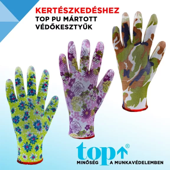Pu mártott kertész kesztyű - virág mintás Zöld