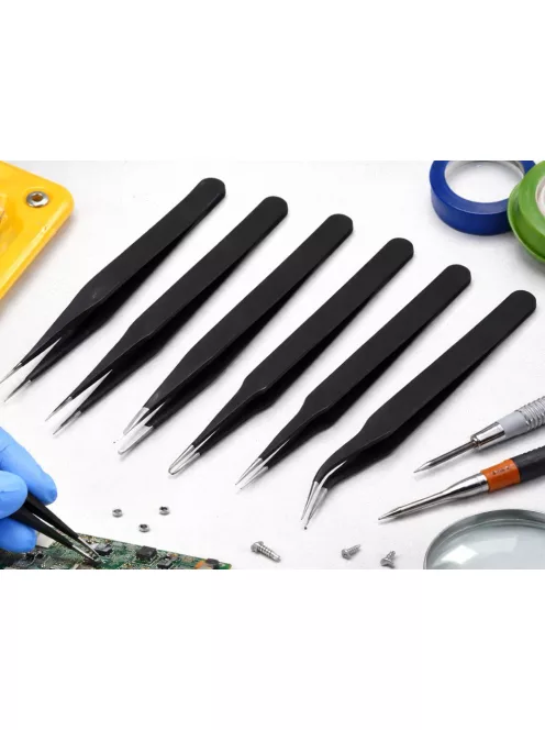 Antisztatikus precíziós csipeszkészlet 6 darab elektronikai és modellezési munkákhoz