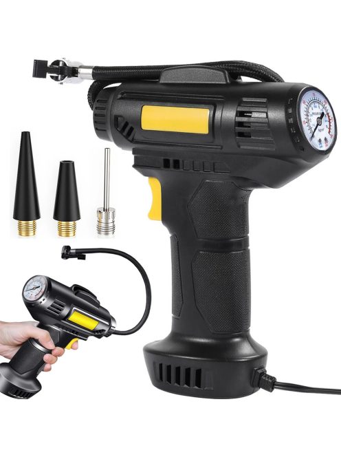 Autós kompresszor, 12V kerékfújó pumpa, 10 bar, 120W, LED világítás, hordozható autópumpa, labdákhoz, matracokhoz,  nyomásmérővel