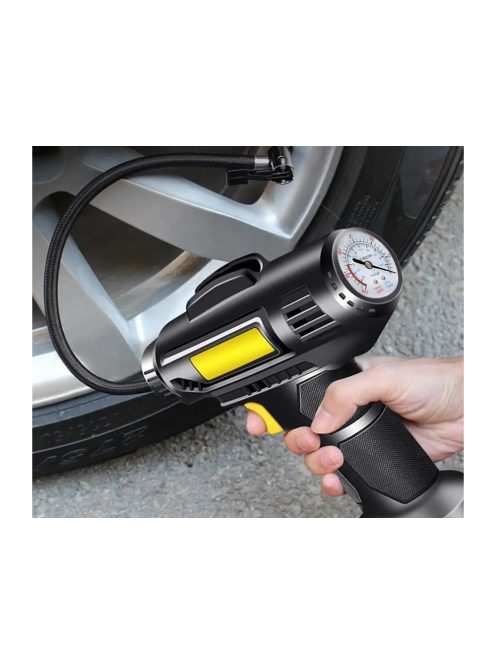 Autós kompresszor, 12V kerékfújó pumpa, 10 bar, 120W, LED világítás, hordozható autópumpa, labdákhoz, matracokhoz,  nyomásmérővel