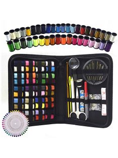 Nagy kézivarro készlet cipzáras etuiban, színes cérnákkal, tűkkel, ollóval és egyéb varró kellékekkel