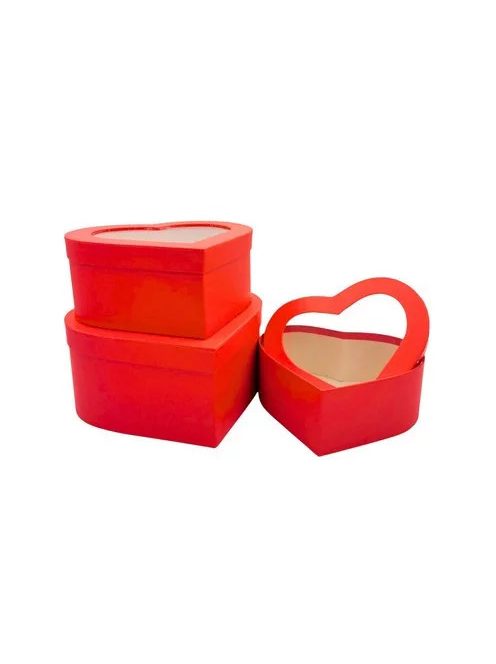 Szív alakú Papír ajándék doboz áttetsző tetővel - piros, 23,8x22,5cm