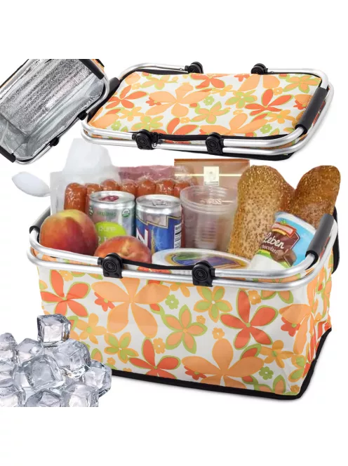 Összecsukható hőszigetelt piknikkosár fehér virág mintával piknikhez és bevásárláshoz