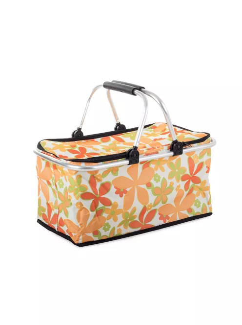 Összecsukható hőszigetelt piknikkosár fehér virág mintával piknikhez és bevásárláshoz