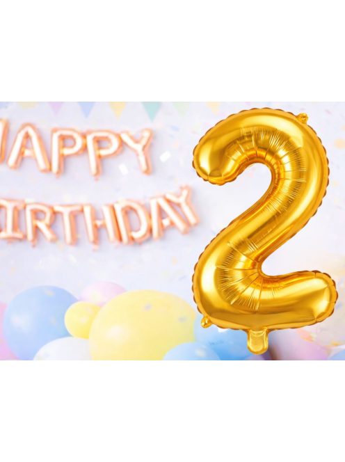 2-es szám arany fólia lufi 66 cm születésnapi dekoráció