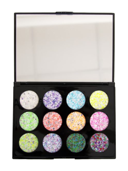 PXP Le Printemps 12 rekeszes chunky csillámkrém paletta élénk, UV-reaktív tavaszi színekkel.