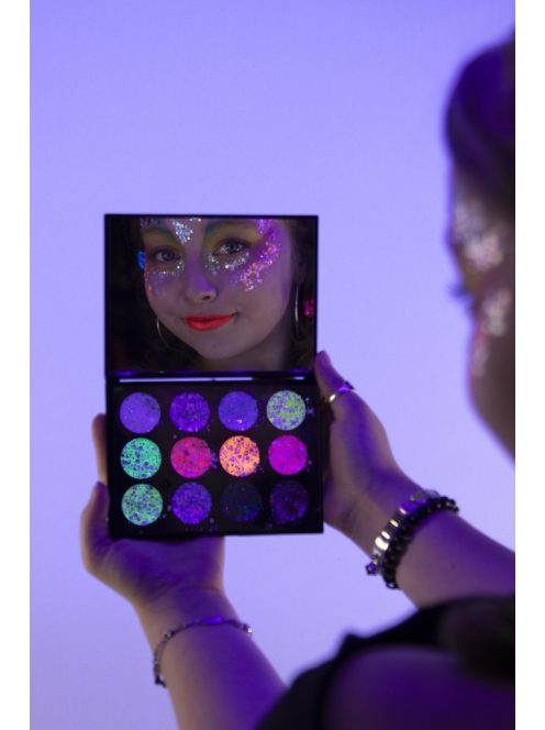 PXP Le Printemps 12 rekeszes chunky csillámkrém paletta élénk, UV-reaktív tavaszi színekkel.