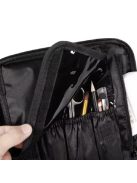 kozmetikai rendszerező koffer kinyitva, látható belső rekeszekkel és zsebekkel