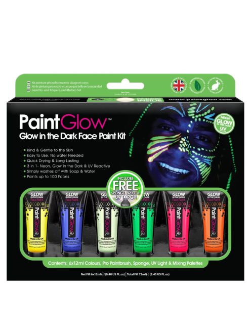 PaintGlow Glow in the Dark Neon UV arc- és testfesték készlet 6 színű