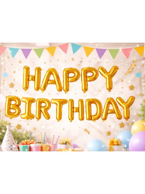 Happy Birthday arany fólia lufi girland születésnapi dekoráció