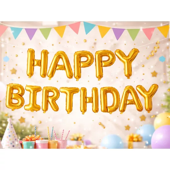 Happy Birthday arany fólia lufi girland születésnapi dekoráció