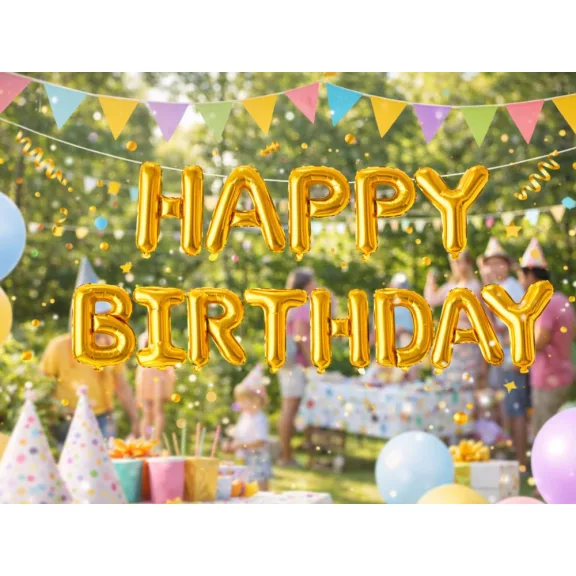 Happy Birthday arany fólia lufi girland születésnapi dekoráció