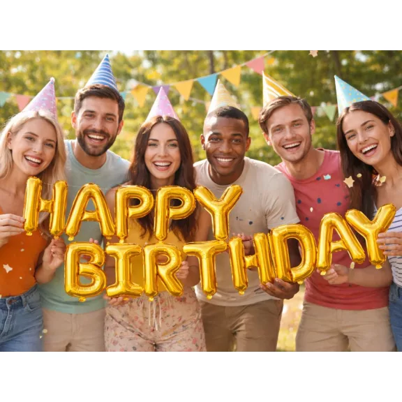 Happy Birthday arany fólia lufi girland születésnapi dekoráció