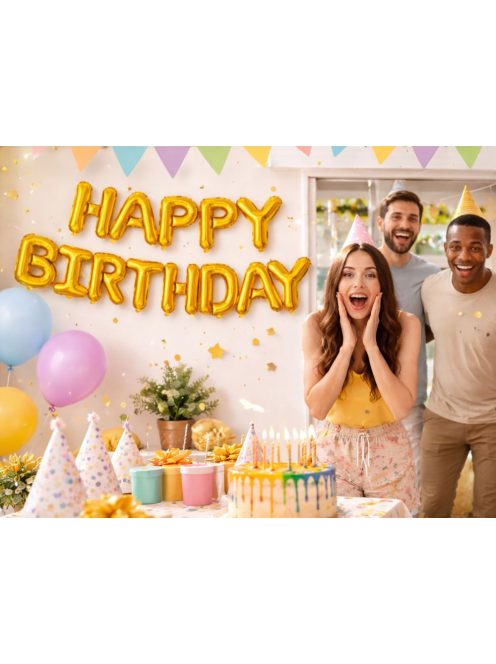 Happy Birthday arany fólia lufi girland születésnapi dekoráció