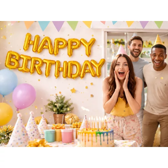 Happy Birthday arany fólia lufi girland születésnapi dekoráció