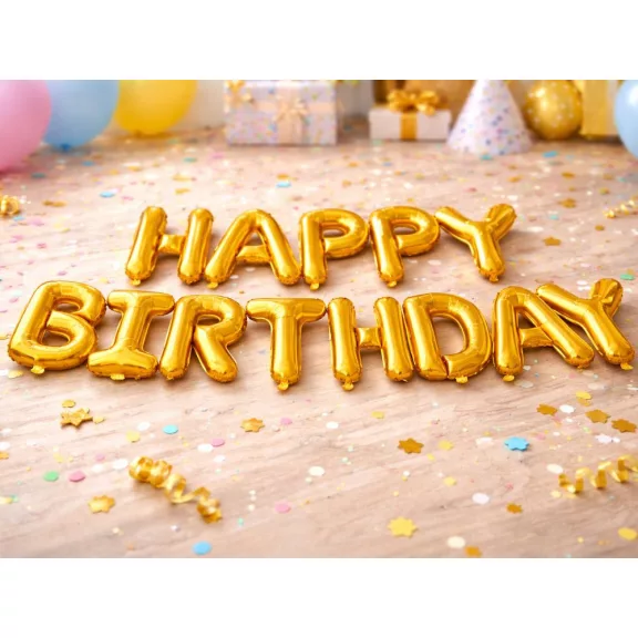 Happy Birthday arany fólia lufi girland születésnapi dekoráció