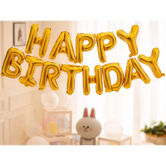 Happy Birthday arany fólia lufi girland születésnapi dekoráció
