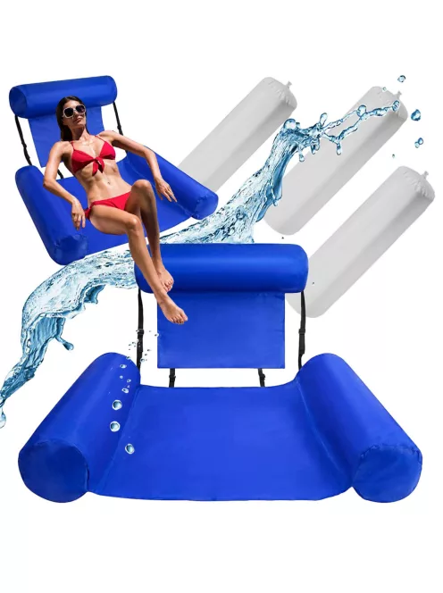 Kényelmes felfújható medenceszék hálós ülőfelülettel és fejtámlával, kék-fehér vízi nyugágy strandra