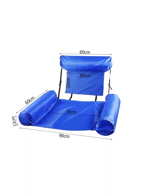 Kényelmes felfújható medenceszék hálós ülőfelülettel és fejtámlával, kék-fehér vízi nyugágy strandra