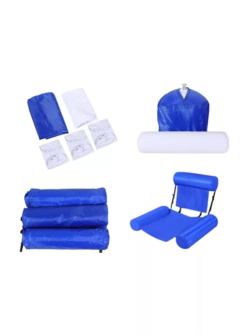 Kényelmes felfújható medenceszék hálós ülőfelülettel és fejtámlával, kék-fehér vízi nyugágy strandra